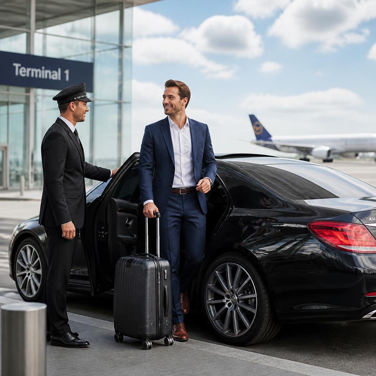 Professional chauffeur opening a car door for an airport traveler with luggage at Philadelphia airport